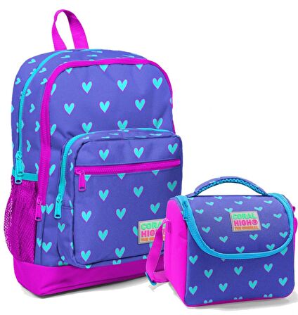 Coral High Pembe Lavanta Kalp Kız Çocuk İlköğretim Okul Sırt Çantası ve Beslenme Çanta Seti