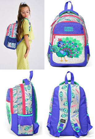 Coral High Okul Sırt ve Beslenme Çantası Seti - Kız Çocuk Mavi Yeşil Tavuskuşu