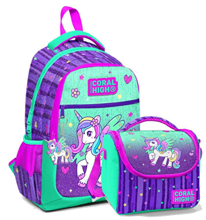 Coral High Okul Sırt ve Beslenme Çantası Seti - Kız Çocuk Yeşil Mor Pegasus