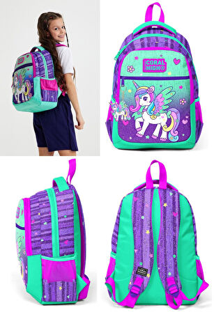 Coral High Okul Sırt ve Beslenme Çantası Seti - Kız Çocuk Yeşil Mor Pegasus