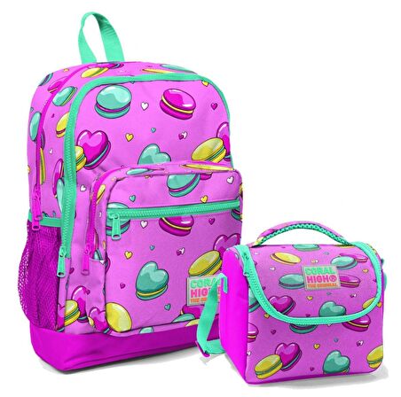 Coral High Pembe Makaron Kız Çocuk İlköğretim Okul Sırt Çantası ve Beslenme Çanta Seti