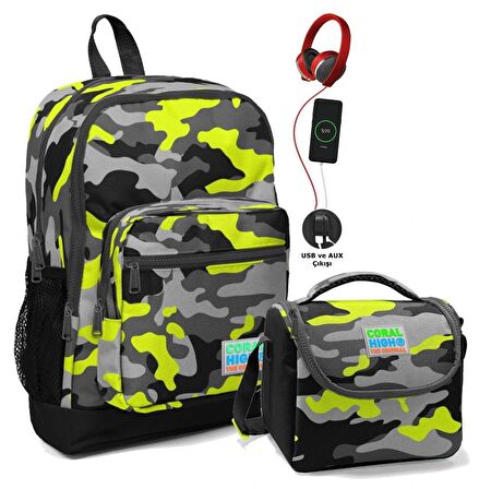 Coral High Okul Çantası ve Beslenme Çantası Seti - Erkek Çocuk Yeşil Kamuflaj - USB Soketli