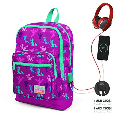 Coral High Okul Çantası ve Beslenme Çantası Seti - Kız Çocuk Mor Peri - USB Soketli