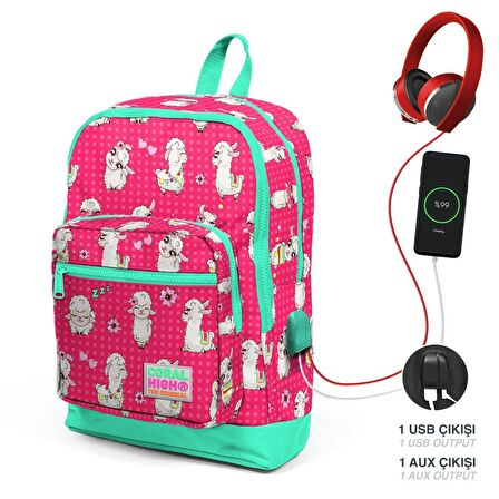Coral High Okul Çantası ve Beslenme Çantası Seti - Kız Çocuk Yeşil Kırmızı Lama - USB Soketli