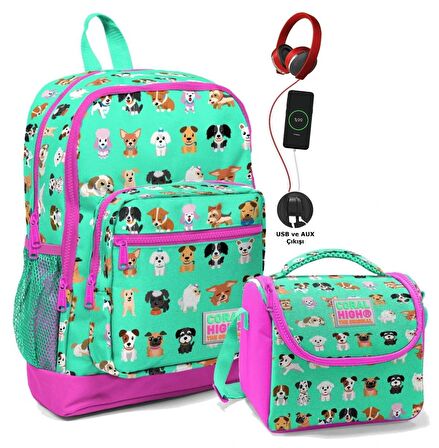 Coral High Okul Çantası ve Beslenme Çantası Seti - Kız Çocuk Yeşil Pembe Köpek - USB Soketli