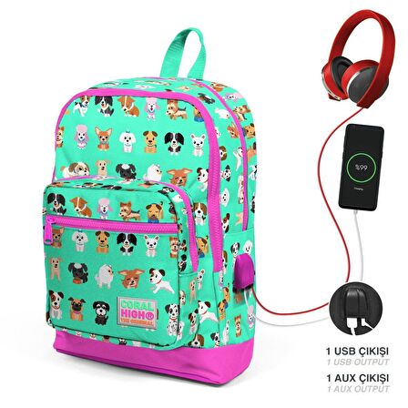 Coral High Okul Çantası ve Beslenme Çantası Seti - Kız Çocuk Yeşil Pembe Köpek - USB Soketli