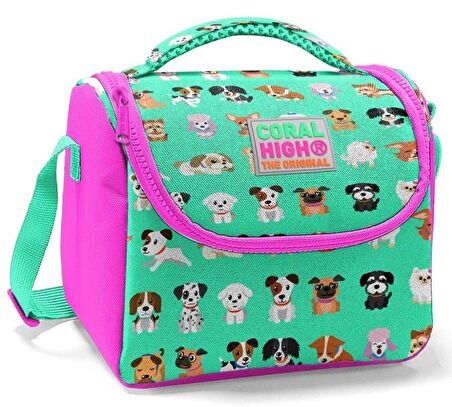Coral High Okul Çantası ve Beslenme Çantası Seti - Kız Çocuk Yeşil Pembe Köpek - USB Soketli
