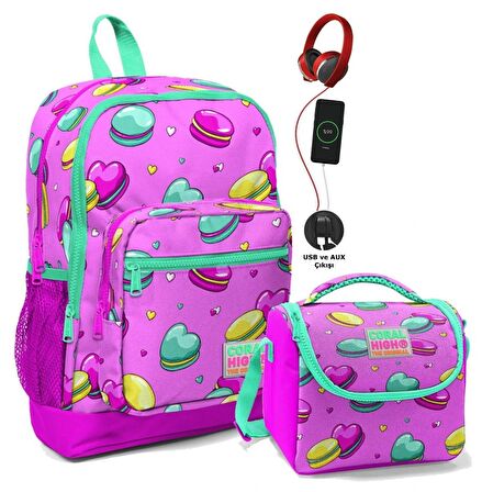 Coral High Okul Çantası ve Beslenme Çantası Seti - Kız Çocuk Pembe Makaron - USB Soketli