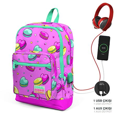 Coral High Okul Çantası ve Beslenme Çantası Seti - Kız Çocuk Pembe Makaron - USB Soketli