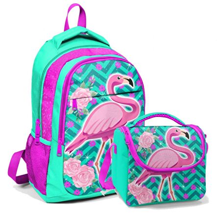 Coral High Okul Sırt Çantası ve Beslenme Çantası Kız Çocuk Yeşil Flamingo