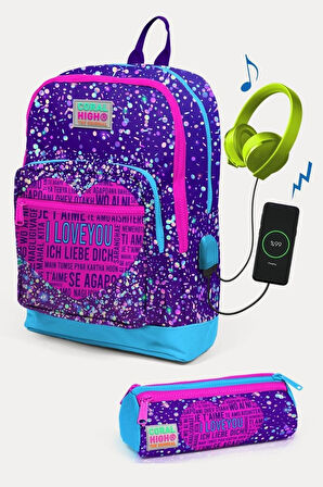 Coral High Kids Mor Mavi Pembe Kalp Desenli USB'li 2'li Okul Çanta Seti - Kız Çocuk
