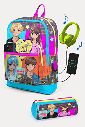 Coral High Kids Gri Mavi Pembe Anime Desenli USB'li 2'li Okul Çanta Seti - Kız Çocuk