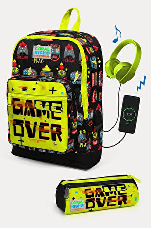 Coral High Kids Siyah Neon Sarı Game Over Desenli USB'li 2'li Okul Çanta Seti - Erkek Çocuk