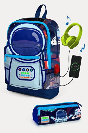 Coral High Kids Saks Mavi Astronot Desenli USB'li 2'li Okul Çanta Seti - Erkek Çocuk