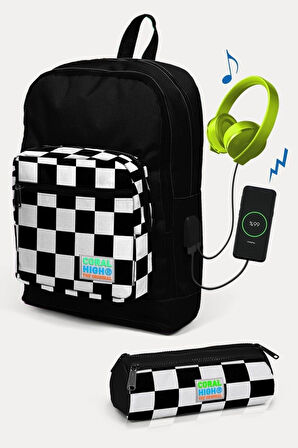 Coral High Kids Siyah Dama Desenli USB'li 2'li Okul Çanta Seti - Erkek Çocuk