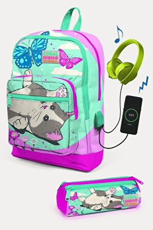 Coral High Kids Su Yeşili Pembe Kedi Desenli USB'li 2'li Okul Çanta Seti - Kız Çocuk
