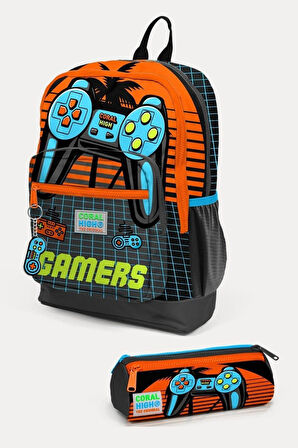 Coral High Kids Gri Turuncu Gamer Desenli 2'li Okul Çanta Seti - Erkek Çocuk