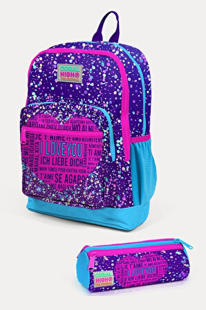 Coral High Kids Mor Mavi Pembe Kalp Desenli 2'li Okul Çanta Seti - Kız Çocuk
