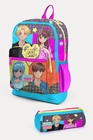 Coral High Kids Gri Mavi Pembe Anime Desenli 2'li Okul Çanta Seti - Kız Çocuk