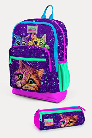 Coral High Kids Mor Pembe Kedi Desenli 2'li Okul Çanta Seti - Kız Çocuk