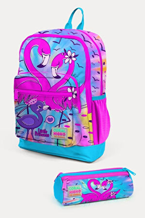 Coral High Kids Mavi Pembe Flamingo Desenli 2'li Okul Çanta Seti - Kız Çocuk
