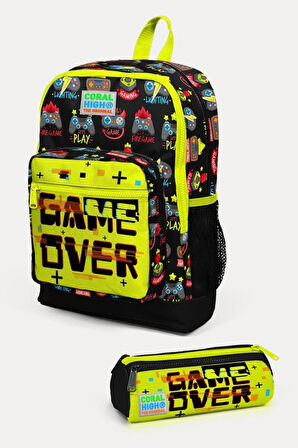 Coral High Kids Siyah Neon Sarı Game Over Desenli 2'li Okul Çanta Seti - Erkek Çocuk