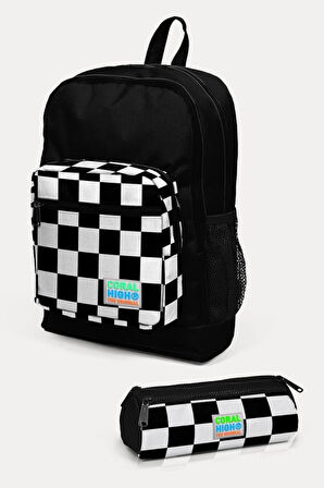 Coral High Kids Siyah Dama Desenli 2'li Okul Çanta Seti - Erkek Çocuk