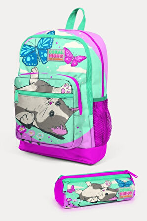 Coral High Su Yeşili Pembe Kedi Desenli 2'li Okul Çanta Seti - Kız Çocuk