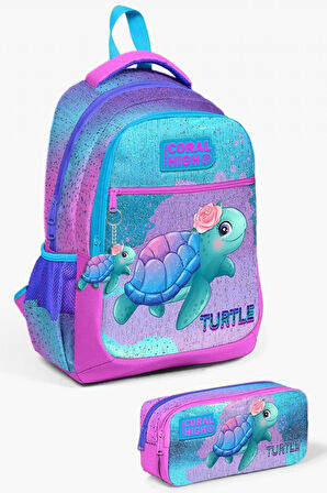 Coral High Kids Açık Pembe Mavi Kaplumbağa Desenli 2'li Okul Çanta Seti - Kız Çocuk