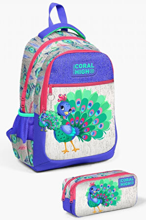 Coral High Kids Gümüş Lavanta Tavus Kuşu Desenli 2'li Okul Çanta Seti - Kız Çocuk