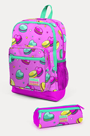 Coral High Kids Açık Pembe Su Yeşili Makaron Desenli 2'li Okul Çanta Seti - Kız Çocuk