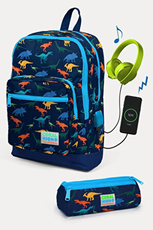 Coral High CoCoral High Kids Lacivert Dinazor Desenli USB'li 2'li Okul Çanta Seti - Erkek Çocuk
