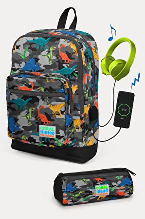Coral High Kids Koyu Gri Siyah Kamuflaj Dinozor Desenli USB'li 2'li Okul Çanta Seti - Erkek Çocuk