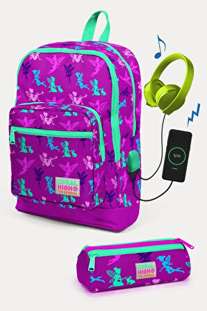 Coral High Kids Koyu Pembe Su Yeşili Peri Desenli USB'li 2'li Okul Çanta Seti - Kız Çocuk