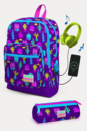 Coral High Kids Mor Pembe Kaktüs Desenli USB'li 2'li Okul Çanta Seti - Kız Çocuk