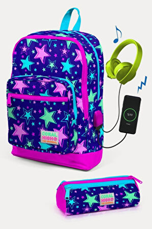 Coral High Kids Saks Pembe Yıldız Desenli USB'li 2'li Okul Çanta Seti - Kız Çocuk