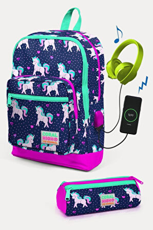 Coral High Kids Lacivert Pembe Unicorn Desenli USB'li 2'li Okul Çanta Seti - Kız Çocuk