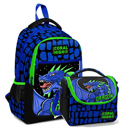 Coral High İlkokul Okul Sırt ve Beslenme Çantası Seti - Erkek Çocuk Mavi Yeşil Dragon