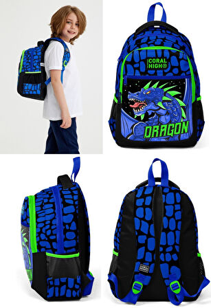 Coral High İlkokul Okul Sırt ve Beslenme Çantası Seti - Erkek Çocuk Mavi Yeşil Dragon
