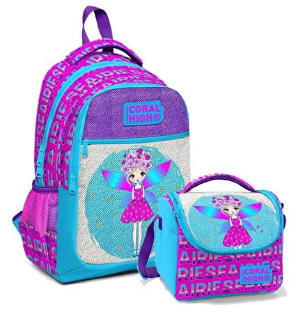 Coral High Simli ve Parlak Okul Çantası ve Beslenme Seti - Kız Çocuk Mavi Kız Peri