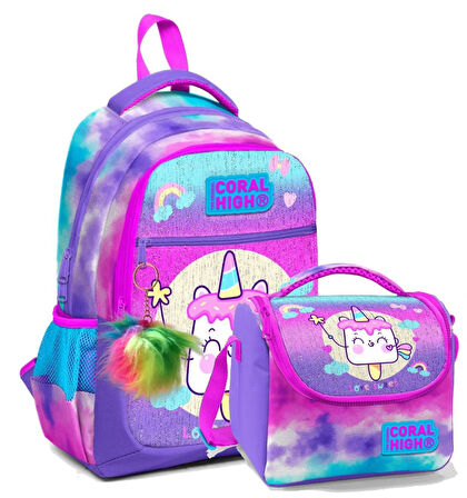 Coral High Okul Sırt ve Beslenme Çantası Seti - Kız Çocuk Mor Pembe Dondurma