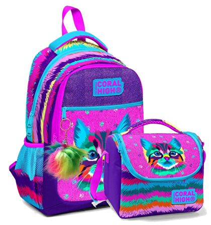 Coral High Okul Sırt Çantası ve Beslenme Çantası Seti - Kız Çocuk Mor Pembe Kedi