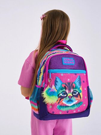 Coral High Okul Sırt Çantası ve Beslenme Çantası Seti - Kız Çocuk Mor Pembe Kedi