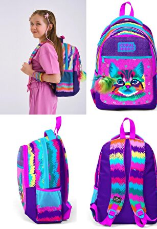 Coral High Okul Sırt Çantası ve Beslenme Çantası Seti - Kız Çocuk Mor Pembe Kedi