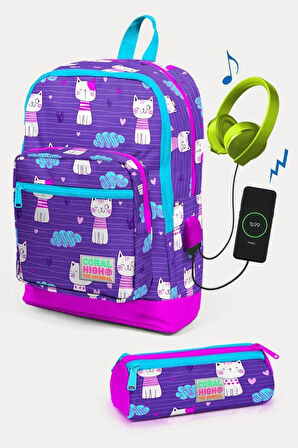 Coral High Kids Mor Pembe Kedi Desenli USB'li 2'li Okul Çanta Seti - Kız Çocuk