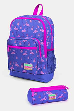 Coral High Kids 2'li Okul Çanta Seti - Kız Çocuk Lavanta Pembe Flamingo Desenli