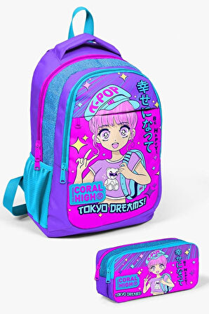 Coral High Kids Mor Pembe Mavi Simli K-Pop Desenli 2'li Okul Çanta Seti - Kız Çocuk