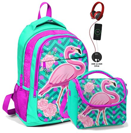 Coral High Okul Sırt Çantası ve Beslenme Çantası Seti - Kız Çocuk Pembe Flamingo - USB Soketli