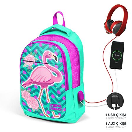 Coral High Okul Sırt Çantası ve Beslenme Çantası Seti - Kız Çocuk Pembe Flamingo - USB Soketli