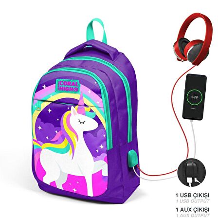 Coral High Okul Sırt Çantası ve Beslenme Çantası Seti - Kız Çocuk Mor Unicorn - USB Soketli